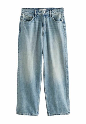 Ljusblå, vida jeans i denim; har fyra fickor, dragkedja framtill och subtil blekning för en sliten look.
