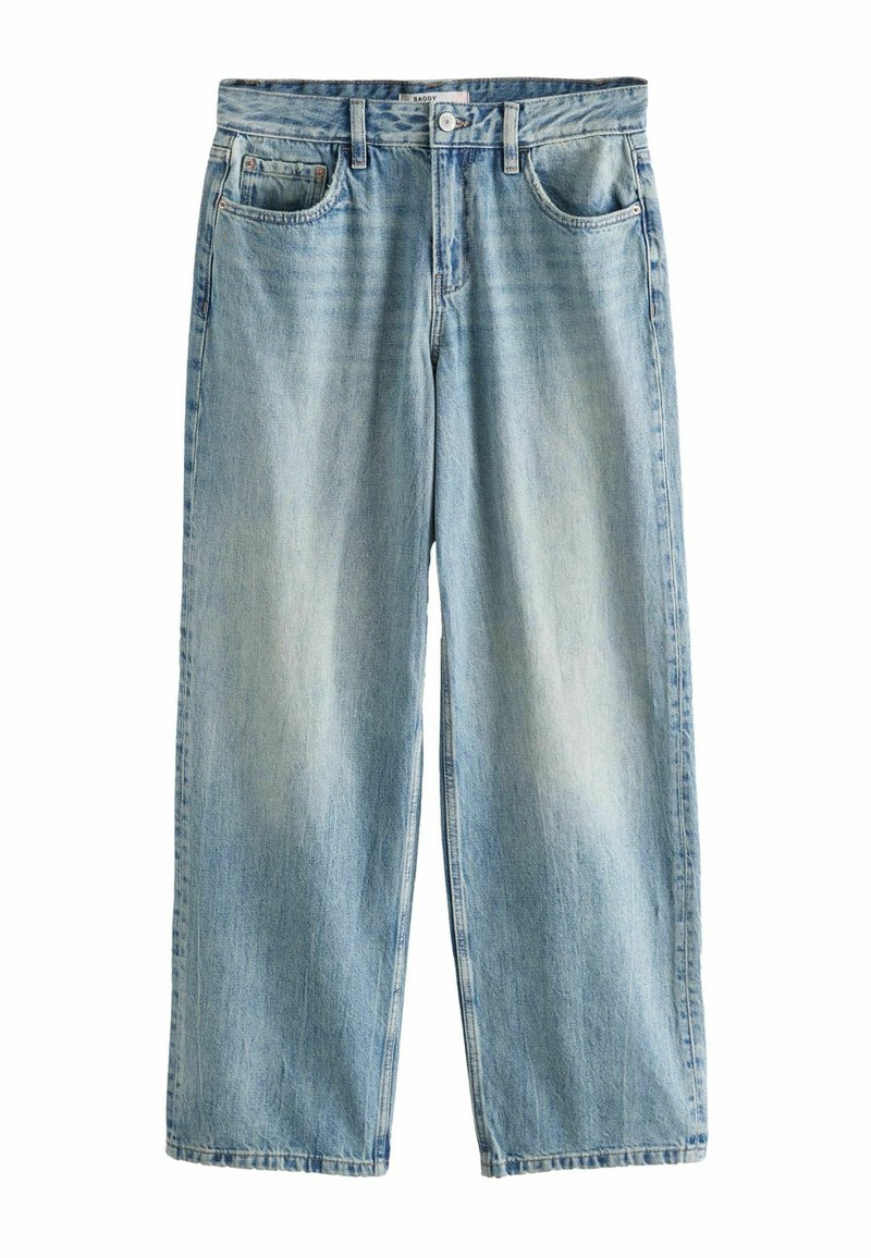 Svetlomodré, široké džínsy z denimu; obsahujú štyri vrecká, predný zips a jemné vyblednutie pre opotrebovaný vzhľad.