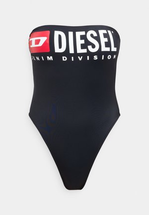 Fato de banho preto sem alças com um ousado logotipo branco "DIESEL" e o texto "DENIM DIVISION". Tecido liso com silhueta ajustada e pernas de corte alto.
