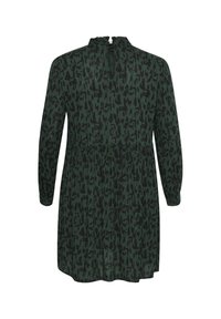 Robe vert foncé avec un motif abstrait noir, manches longues, col haut avec détails en volant, et fermeture arrière en forme de trou de serrure.