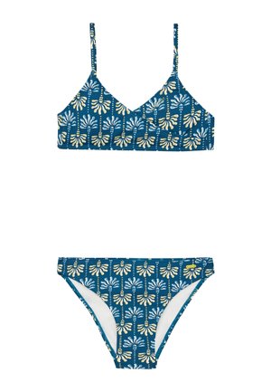 Blå bikini sæt med et blomstermønster i hvid og gul. V-hals top med tynde stropper og matchende lavtaljede bikini-bund.