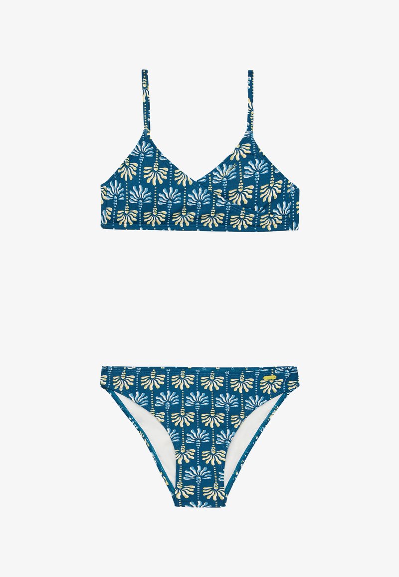 Mėlynas bikinių komplektas su baltos ir geltonos spalvos gėlių raštu. V iškirptės viršus su plonomis petnešėlėmis ir atitinkančios žemos talijos bikinių kelnaitės.