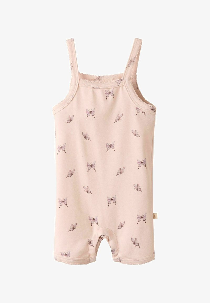 Světle růžový overal s tenkými ramínky, zdobený malými fialovými vzory motýlků. Má vlnkované okraje a je vyroben z měkké, pružné látky.