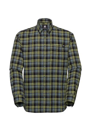 Langærmet skjorte med knapper, i sort, gråt og gult ternet mønster, med en lille brystlomme på venstre side.