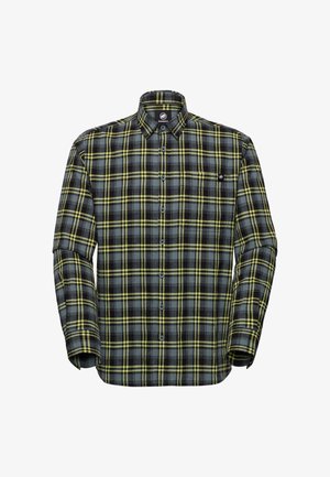 Langærmet skjorte med knapper, i sort, gråt og gult ternet mønster, med en lille brystlomme på venstre side.