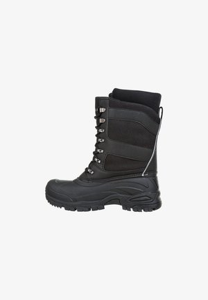 Sorte vinterstøvler med en tekstureret overdel, snørebåndslukning, polstret krave og en robust sål for godt greb. Har Whistler-branding på siden.