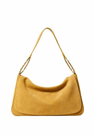 Borsa a tracolla in suede di un morbido giallo senape con un unico manico caratterizzato da dettagli intrecciati a corda su ciascun lato.