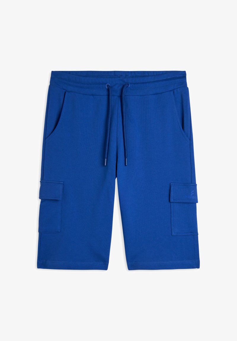 Pantalones cortos de carga azules, hechos de una tela suave, con cinturilla elástica, cordón, dos bolsillos laterales y un bolsillo de carga en la pierna derecha.