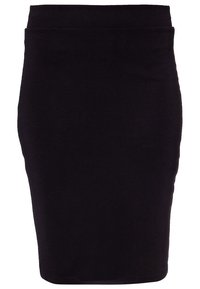 Musta kynähame, istuva malli, valmistettu joustavasta kankaasta, sileä pinta, puolipitkä leikkaus, korkea vyötärö, ei näkyviä kuvioita tai koristeita.