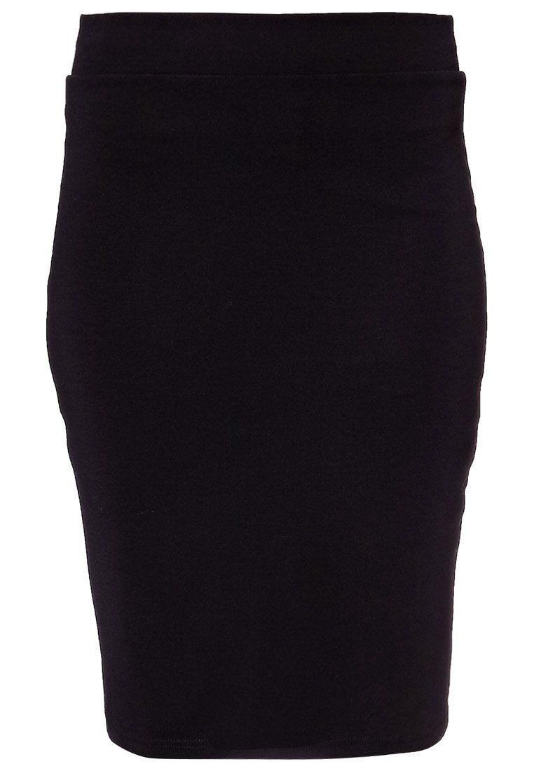 Musta kynähame, istuva malli, valmistettu joustavasta kankaasta, sileä pinta, puolipitkä leikkaus, korkea vyötärö, ei näkyviä kuvioita tai koristeita.