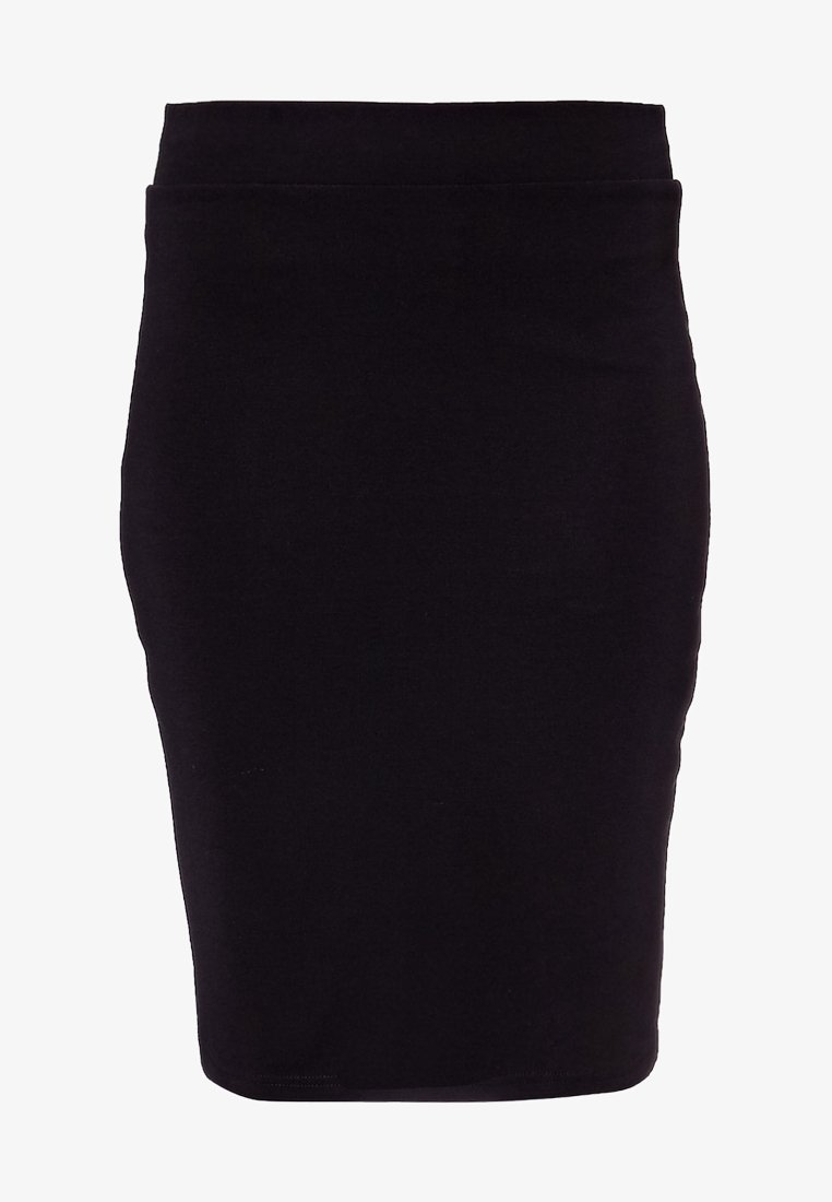 Musta kynähame, istuva malli, valmistettu joustavasta kankaasta, sileä pinta, puolipitkä leikkaus, korkea vyötärö, ei näkyviä kuvioita tai koristeita.