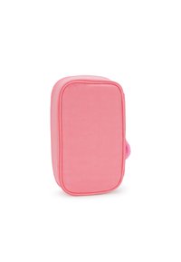 Borsa cosmetica rettangolare rosa con superficie in tessuto liscio, zip a contrasto e un morbido pom-pom decorativo su un lato.