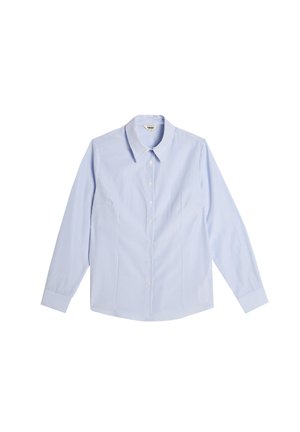 Camisa de manga larga a rayas azul y blanca con cuello clásico, cierre de botones en la parte delantera y puños con rayas verticales. Tejido delgado y ligero.