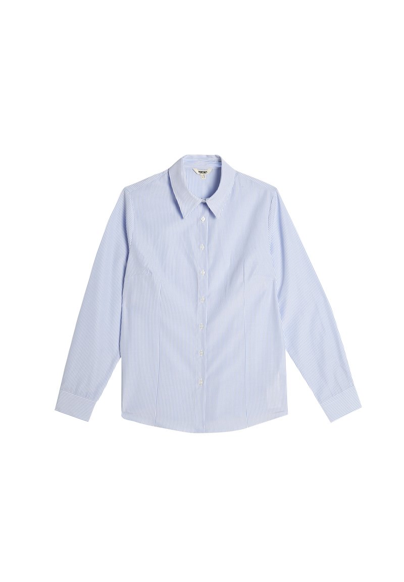 Camisa de manga larga a rayas azul y blanca con cuello clásico, cierre de botones en la parte delantera y puños con rayas verticales. Tejido delgado y ligero.