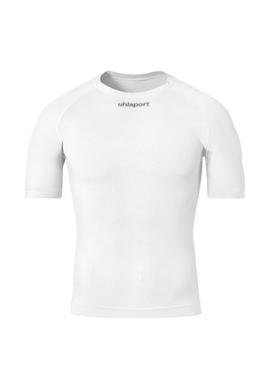 Weißes kurzärmliges Sportshirt aus strukturiertem Stoff, das ein eng anliegendes Design und ein dezentes diagonales Muster aufweist; mit Logo auf der Vorderseite.