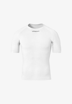 T-shirt de sport à manches courtes blanc en tissu texturé, avec un design ajusté et un motif diagonal subtil ; comprend un logo sur le devant.