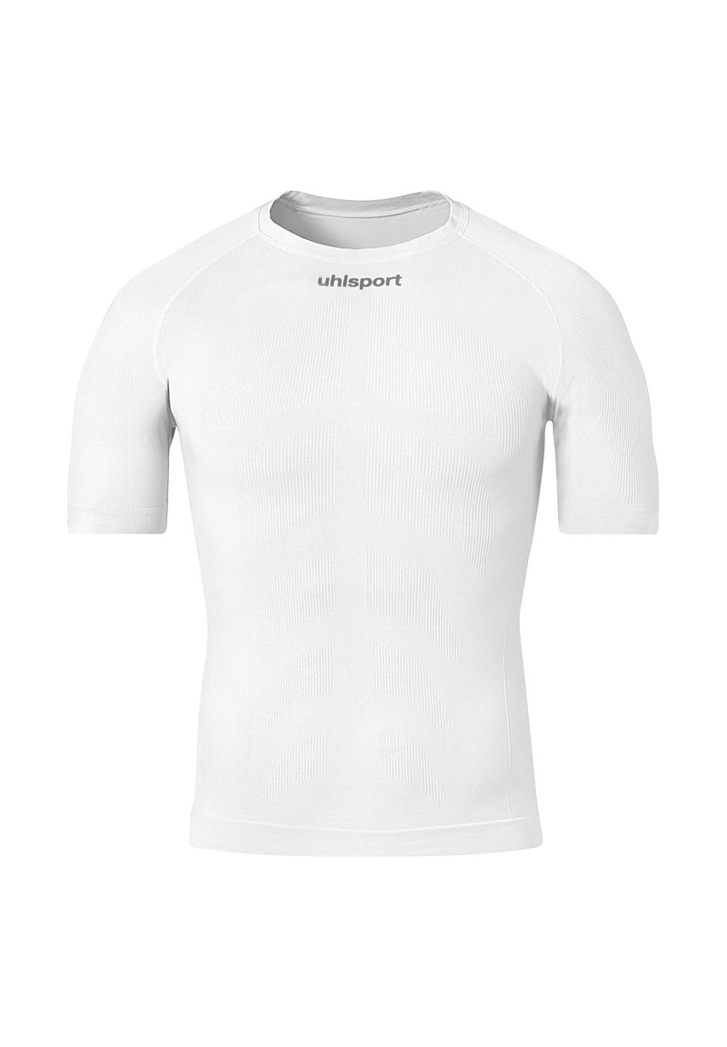 T-shirt de sport à manches courtes blanc en tissu texturé, avec un design ajusté et un motif diagonal subtil ; comprend un logo sur le devant.