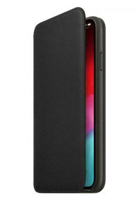 Black leather phone case with a flip cover design. Smooth texture, precise cutouts for buttons, showcasing a colorful screen when open.