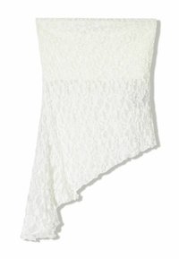 Vit spetsduk med mönster av textur, asymmetrisk form och ett mjukt, lätt material. Har en detaljerad, invecklad design.