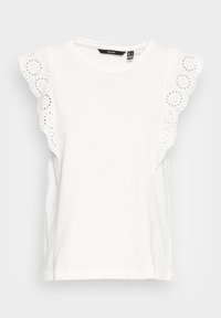 White cotton t-shirt with short, scalloped sleeves featuring cut-out eyelet details. Round neckline; relaxed fit; plain body without patterns.