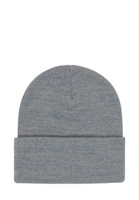 Dziergany kapelusz w jasnoniebieskim kolorze z podwiniętym brzegiem. Wykonany z miękkiego materiału, posiada teksturowany wzór i zaokrąglony szczyt.