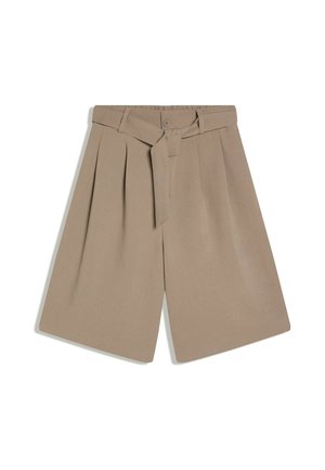 Beige shorts tot op de knie met een hoge taille, een knoop aan de voorkant, plooien, riemlussen en een bijpassende stoffen strikriem.