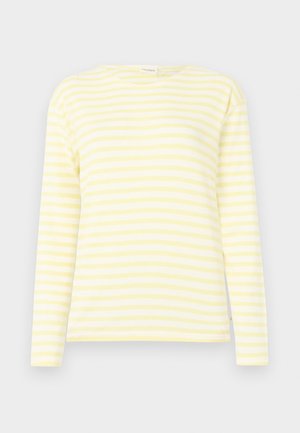 Langermet stripet skjorte i lys gul og hvit. Laget av myk stoff med en avslappet passform og rund hals. Horisontale striper over hele.
