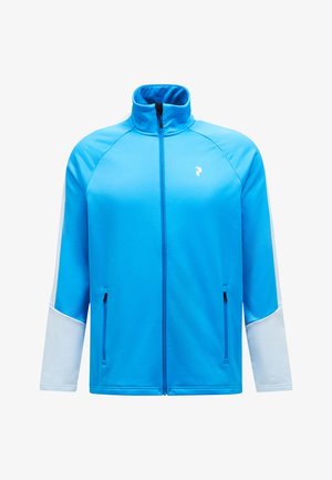 Blauwe sportjack met hoge kraag, ritssluiting aan de voorkant, witte accenten op de mouwen en twee zijzakken met rits. Gemaakt van een gladde, lichte stof.