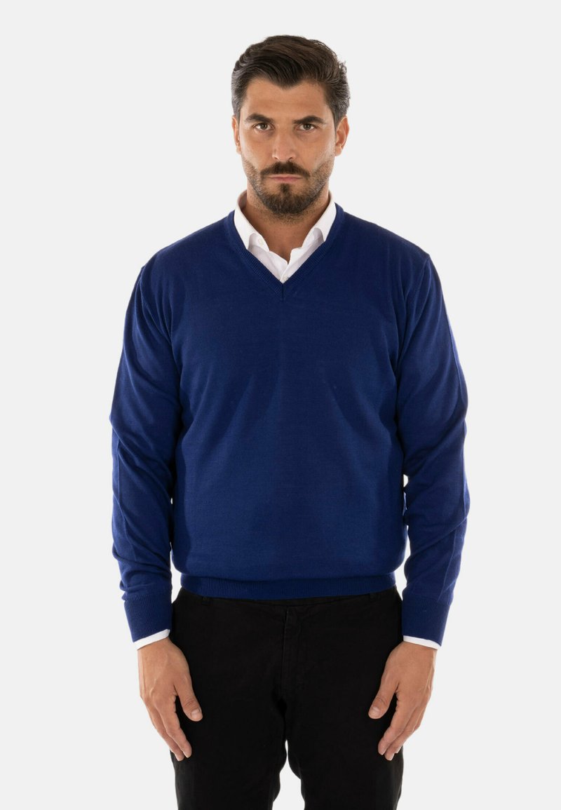 Maglione blu navy a scollo a V realizzato in un tessuto morbido, con maniche lunghe e orlo a coste, indossato sopra una camicia bianca con colletto, abbinato a pantaloni neri.