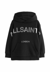 Sudadera negra con capucha que presenta un gran logotipo plateado de "ALLSAINTS" y el texto "LONDRES". Fabricada con material suave, cuenta con un bolsillo frontal y capucha con cordón.