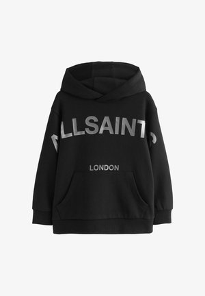 Schwarzer Kapuzenpullover mit einem großen silbernen "ALLSAINTS"-Logo und dem Text "LONDON". Hergestellt aus weichem Material, mit einer Fronttasche und einer Kapuze mit Kordelzug.