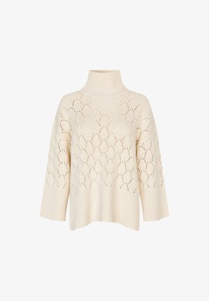 Crème-kleurige gebreide coltrui met een geschulpte kantpatroon en brede ribgebreide boorden en zoom.