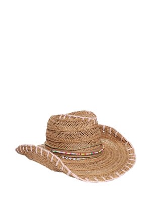 Brown woven straw hat with wide brim, pink stitching along edges, and beaded band spelling "SMILE" around the base.