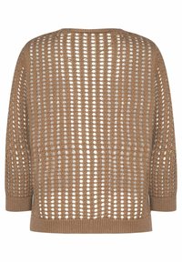 Maglione all'uncinetto di colore marrone chiaro con motivo a traforo, scollo rotondo, maniche 3/4 e orlo e polsini a costine.