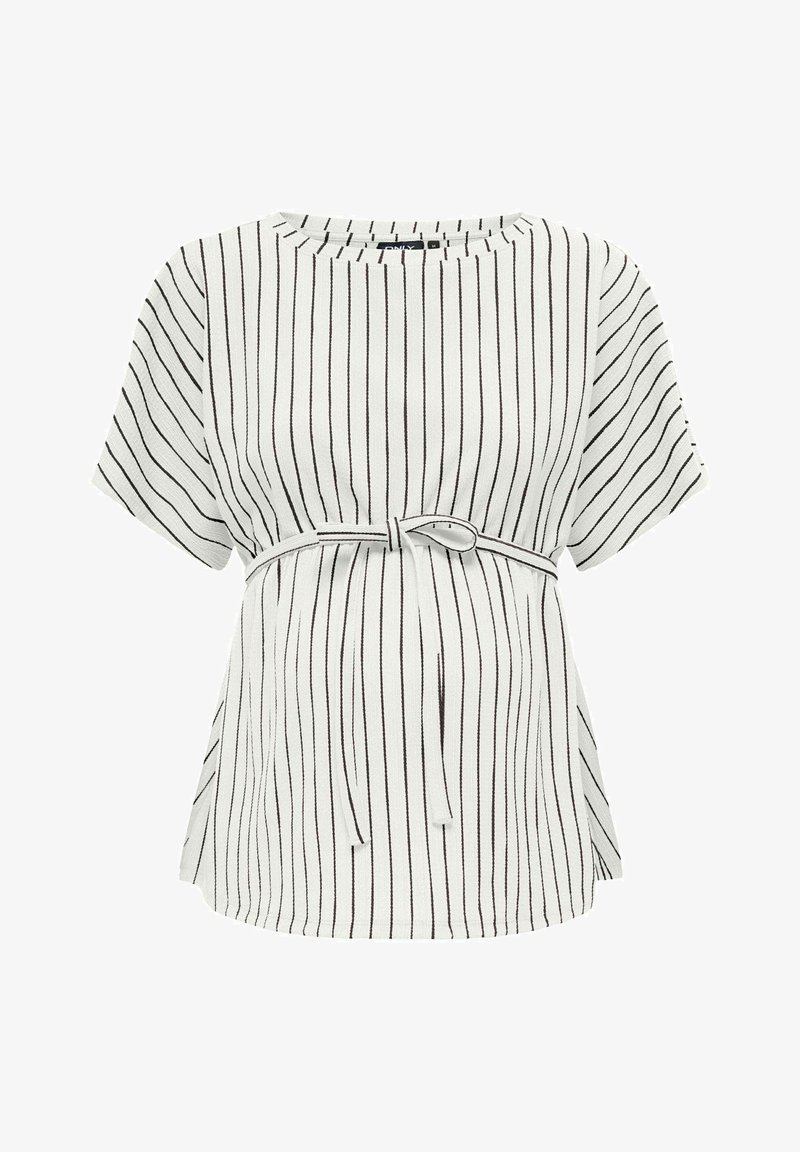 Haut blanc à manches courtes avec des rayures verticales noires, un col rond et une ceinture à nouer à la taille, présentant une coupe ample et une texture douce.