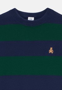 Marineblau- und grün gestreifter Babysweater mit Rundhalsausschnitt und kleinem gestickten Teddy auf der Brust.