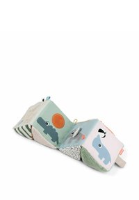 Libro de tela suave para bebés con ilustraciones de animales, colores pastel, acentos texturizados y varios patrones en cada página.