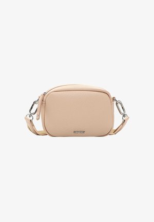 SURI FREY leather crossbody bag in soft pink, rectangular shape, textured finish, silver hardware details, with an adjustable strap.