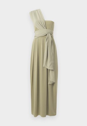 Vestido midi de un solo hombro en verde oliva, con tejido drapeado y cintura envolvente. Textura suave con un diseño fluido.