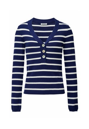 Suéter de manga larga a rayas horizontales en azul marino y blanco, con un escote en V profundo y tres botones delanteros.