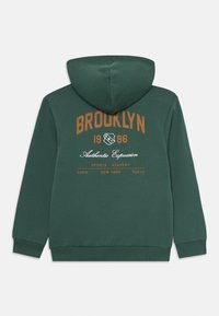 Zelená mikina s kapucňou s veľkým potlačou "BROOKLYN 1986" v hnedej farbe, s ďalším textom "Authentic Expression" a názvami miest nižšie.