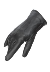 Juodas odinis pirštinės dizainas, pritaikytas prie rankos, su penkių pirštų stiliumi ir matomomis siūlėmis, demonstruojančiomis lygų paviršių ir blizgų apdailą.