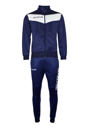 Marineblaues Trainingsanzug mit einer zip-up Jacke, die weiße Akzente und ein Logo aufweist, kombiniert mit passenden Hosen. Hergestellt aus glattem Stoff, taillierte Passform.