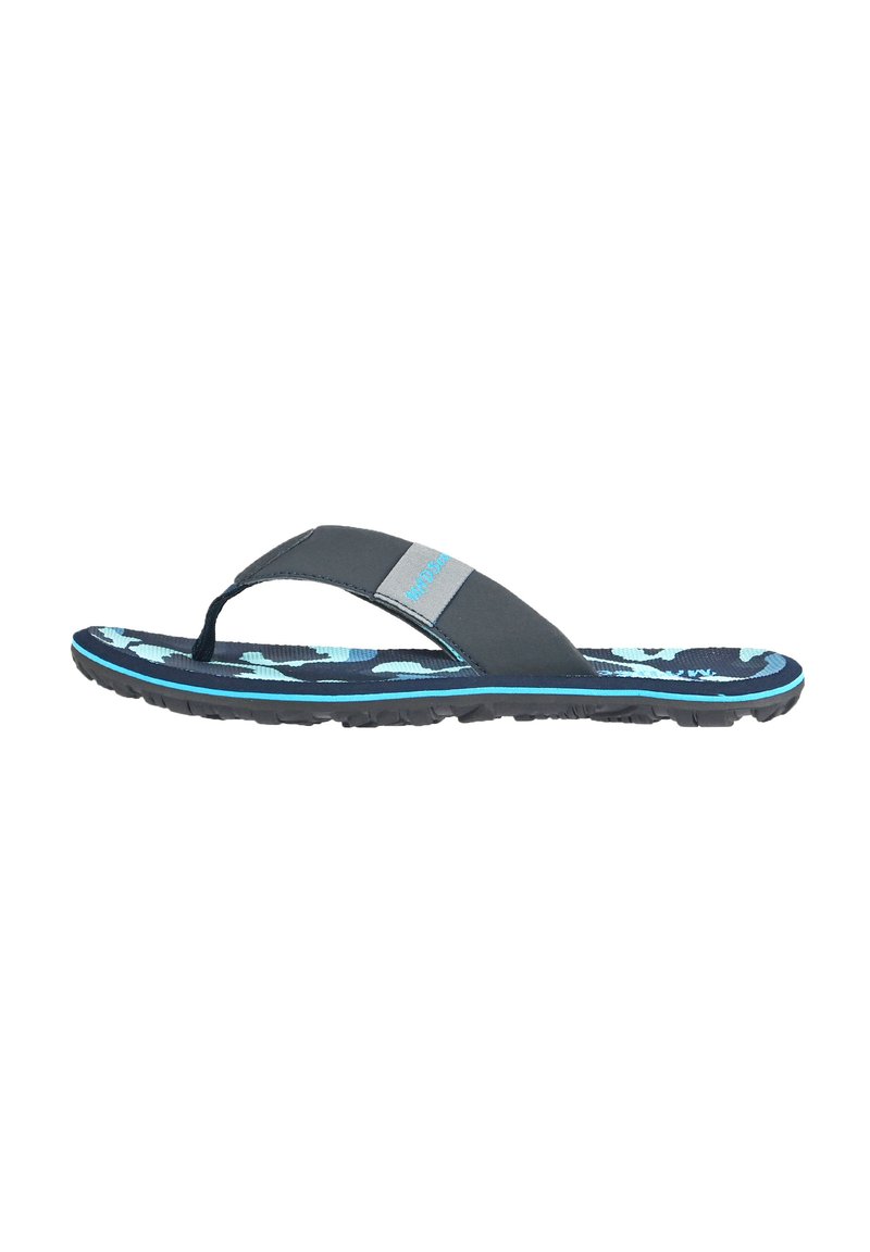 Black flip-flop with a blue accent on the upper strap and a textured footbed featuring a blue and black abstract pattern. Rubber sole.