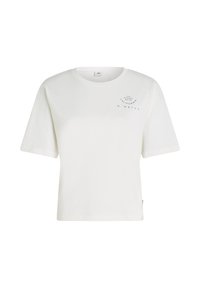 Weißes Baumwoll-T-Shirt mit lockerem Schnitt, kurzen Ärmeln und Rundhalsausschnitt. Mit einem blauen Grafikdruck auf der linken Brustseite.