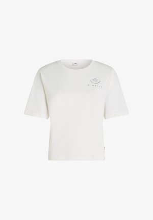 Weißes Baumwoll-T-Shirt mit lockerem Schnitt, kurzen Ärmeln und Rundhalsausschnitt. Mit einem blauen Grafikdruck auf der linken Brustseite.