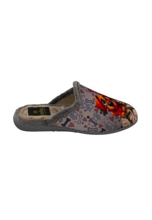 Zapatilla sin talón gris suave con forro interior de piel, patrón de perro y hueso, e ilustración de perro de dibujos animados en la parte superior.