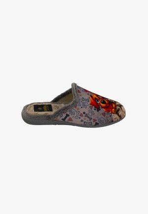 Zapatilla sin talón gris suave con forro interior de piel, patrón de perro y hueso, e ilustración de perro de dibujos animados en la parte superior.