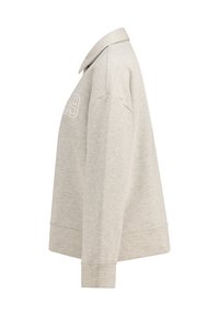 Vaaleanharmaa collegepaita, jossa on kauluspaita, ylipitkä muoto ja pehmeä rakenne. Kuvastaa hienovaraisia etuompeluksia.