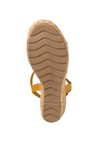 Gelbe Espadrille-Wedge-Sandale mit einer strukturierten Jutesohle, einem gemusterten Gummiaußensohle und einem verstellbaren Riemen. Größe 37 auf der Sohle eingeprägt.